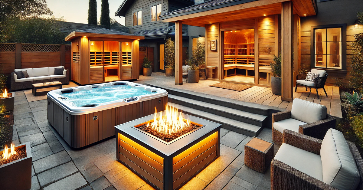 Rendering of outdoor space with hot tub, firepit, sauna, and lounge chairs